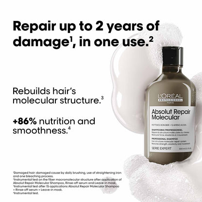 L'Oreal Professionnel Absolut Repair Molecular shampoo bottle with text about hair repair benefits on a white background.