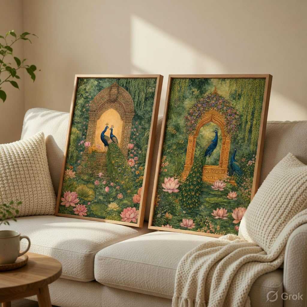 Royal Peacock Garden Wall Painting Set of 2 with Wooden Frames | Mughal Palace Peacock Artwork HD Sparkle Laminated MDF Wall Decor | Traditional Indian Wall Art for Living Room Bedroom