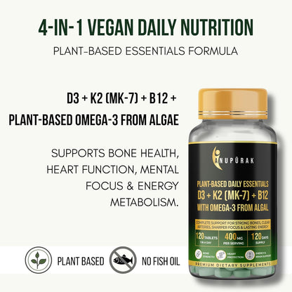 ANUPURAK Vegan D3 K2 B12 & Omega 3 DHA Tablets | 4-in-1 Daily Essential Supplement | Bone, Brain, Heart & Energy Support | D3 (Lichen) + K2 MK-7 (Natto) + B12 + 250mg Algal DHA | 120 Veg Tablets (120 Days)