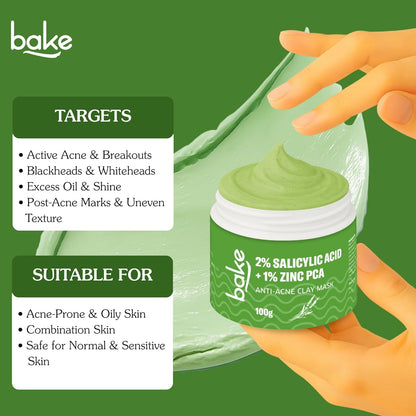 BAKE 2% Salicylic Acid Clay Mask Niacinamide for Acne Prone, Oily Skin, Open Pores & Blackheads | Anti Acne Clay Mask with Kaolin Clay | For Dark Spots, Oily Skin & Blemishes - 100g (Anti Acne)