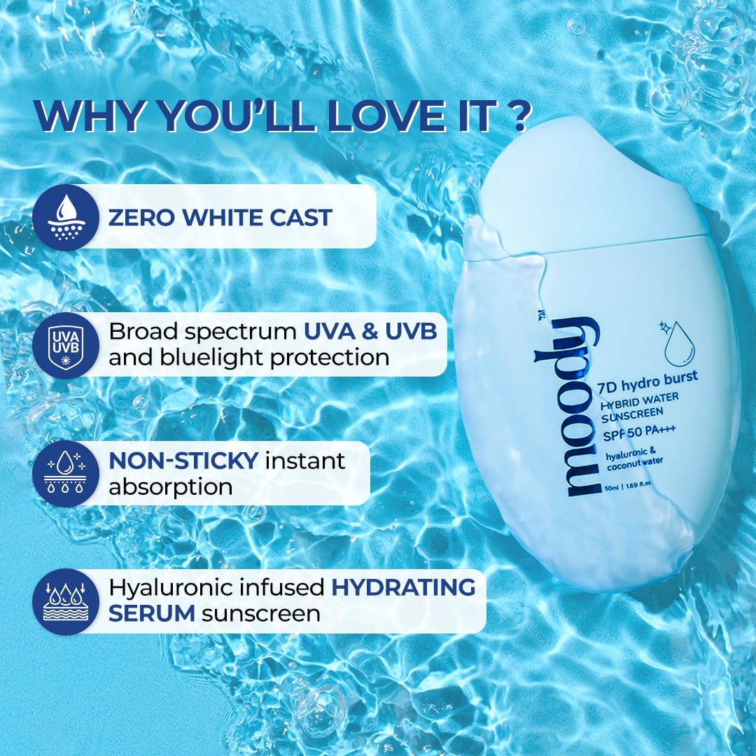 Moody sunscreen bottle with water droplets on a blue water background