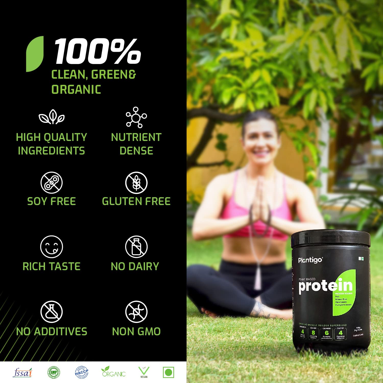 Woman exercising outdoors with a protein supplement container labeled 'Plantigo' in the foreground.