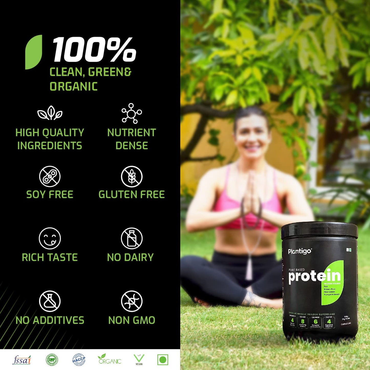 Woman exercising outdoors with a protein supplement container labeled 'Plantigo' in the foreground.