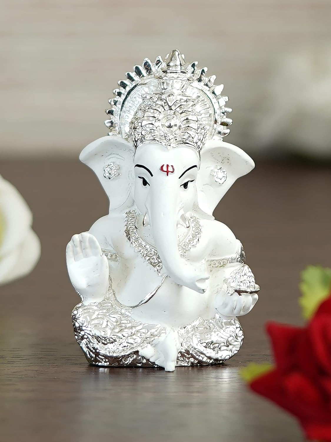 eCraftIndia Silver White Resin Lord Ganesha Idol for Home Decor Office Car Dashboard| Ganesha Statue for Puja Room| Ganpati Murti| God Statue Gift for Diwali Ganesh Chaturthi Housewarming Birthday