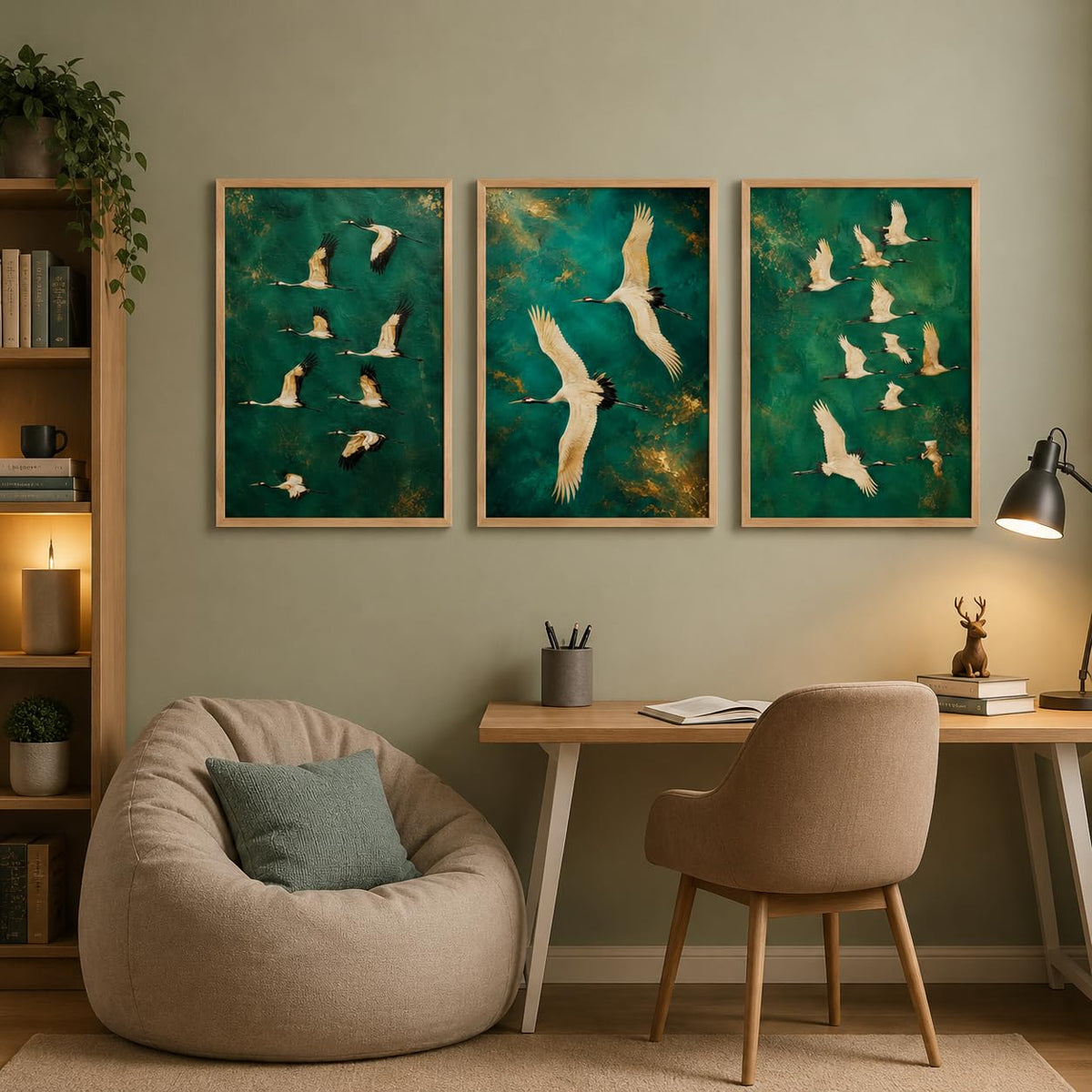 Set of 3 Flying Crane Birds Wall Painting for Living Room Bedroom Hall Office Decor, Premium Wooden Synthetic Frame Green Artwork Gift (13.5 x 19.5 Inch)