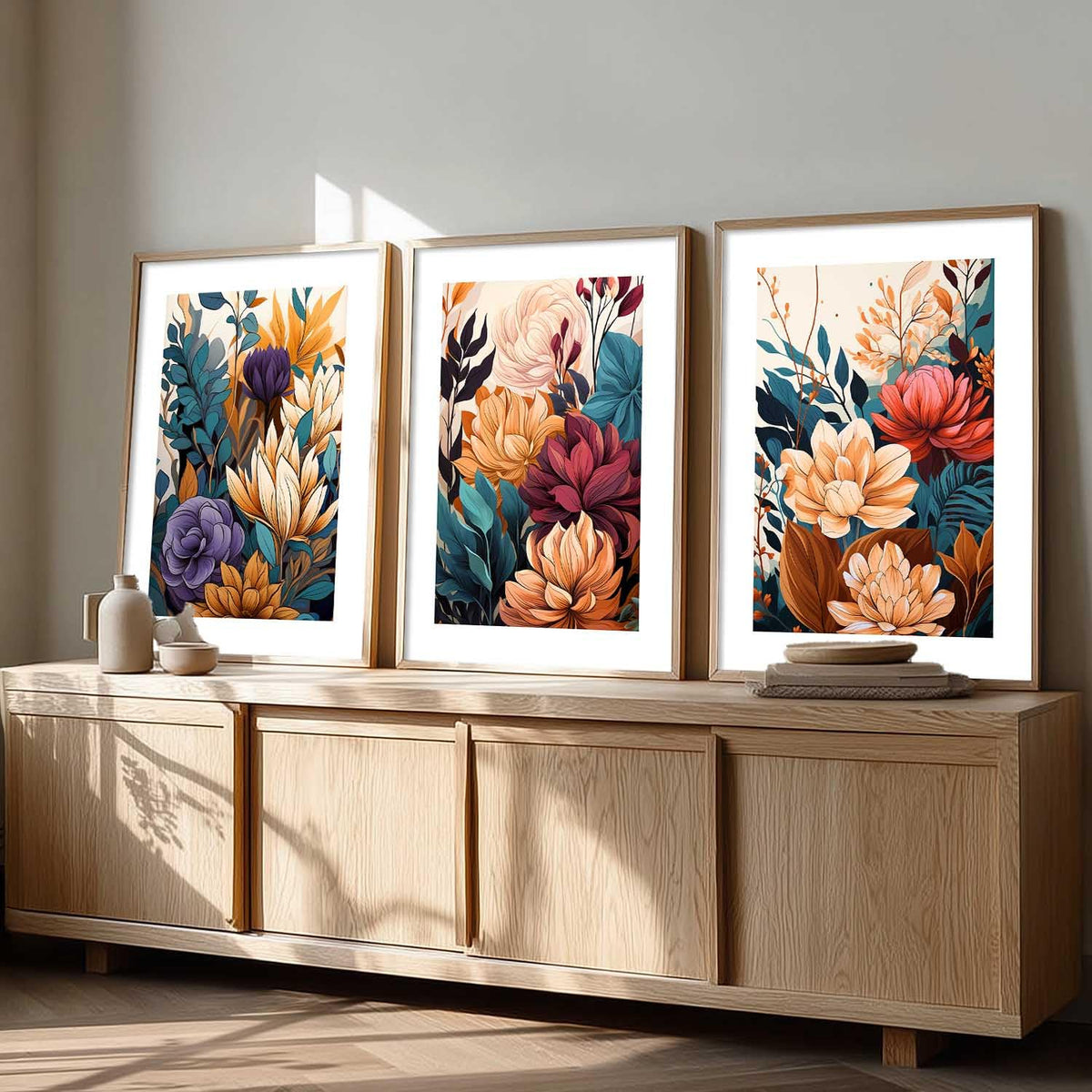 Floral Art Home Decoration Floral Paintings With Frame For Living Room Bed Room Hotel Wall Decor Digital Reprint Set of 3 (13x17 inch)
