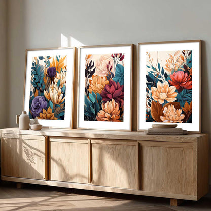 Floral Art Home Decoration Floral Paintings With Frame For Living Room Bed Room Hotel Wall Decor Digital Reprint Set of 3 (13x17 inch)