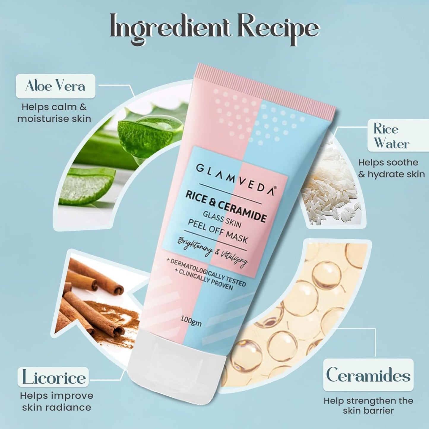 Glamveda Korean Rice & Ceramide Peel Off Mask for Men & Women | Brightening Face Pack for Even Tone Complexion & Anti-Ageing Care | Nourishes Dry & Dull Skin | Dermatologically Tested (100gm)