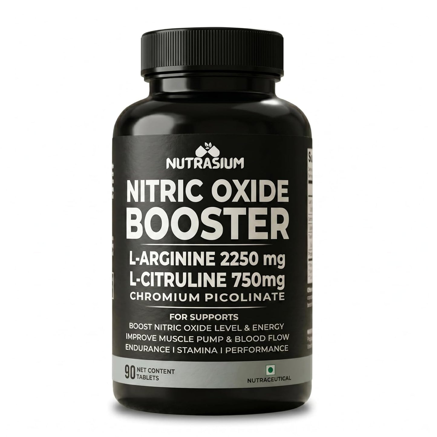 Nutrasium Nitric Oxide Supplement For Man | 2250 mg L-Arginine, 750 mg L-Citrulline with Chromium Picolinate For Supports Nitric Oxide Level, Improve Muscle Pump & Blood Flow, Boost Endurance, Stamina & Performance | 90 veg Tablets.