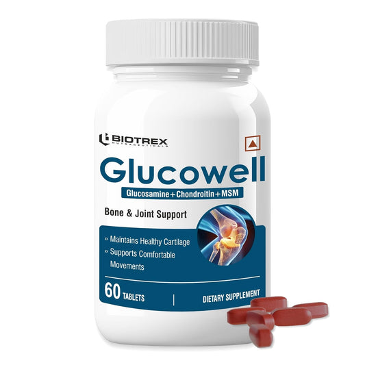 Biotrex Nutraceuticals Glucowell 500mg | Glucosamine, MSM & Chondroitin Supplement | Cartilage, Joint & Bone Health | 60 Tablets (Pack of 1)
