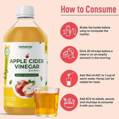 Herbal Max Unfiltered Apple Cider Vinegar with the Mother – 450mL | Raw & Unpasteurized | Supports Weight Management, Digestion & Bloating Relief