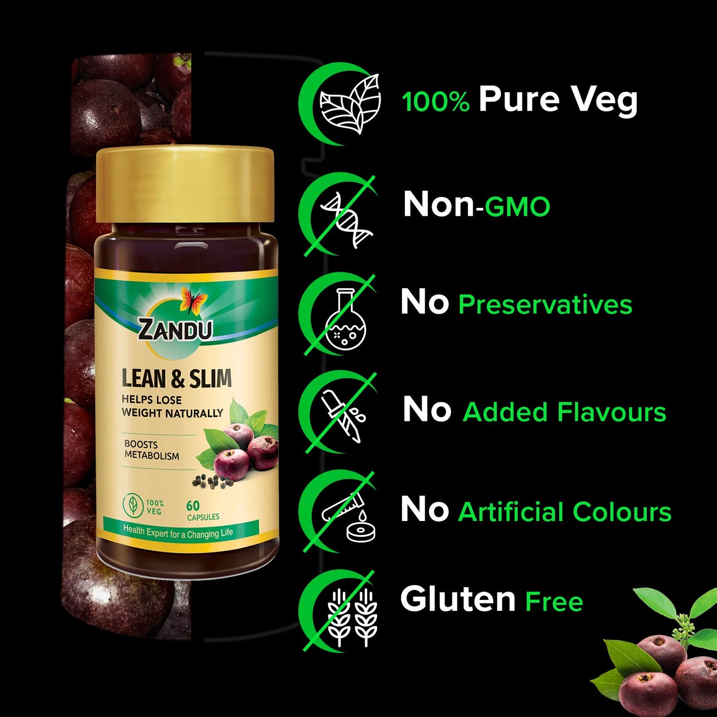 Zandu Lean & Slim Capsules Enriched with the Goodness of 6 Herbs to Help You in Weight Loss Journey, Acts as a Metabolism Booster And Supports Weight Management, Pack of 60 Veg Capsules