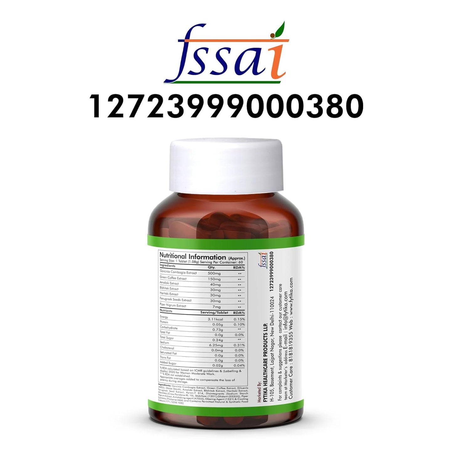 Brown supplement bottle with white cap and label on a white background, featuring FSSAI logo and number.