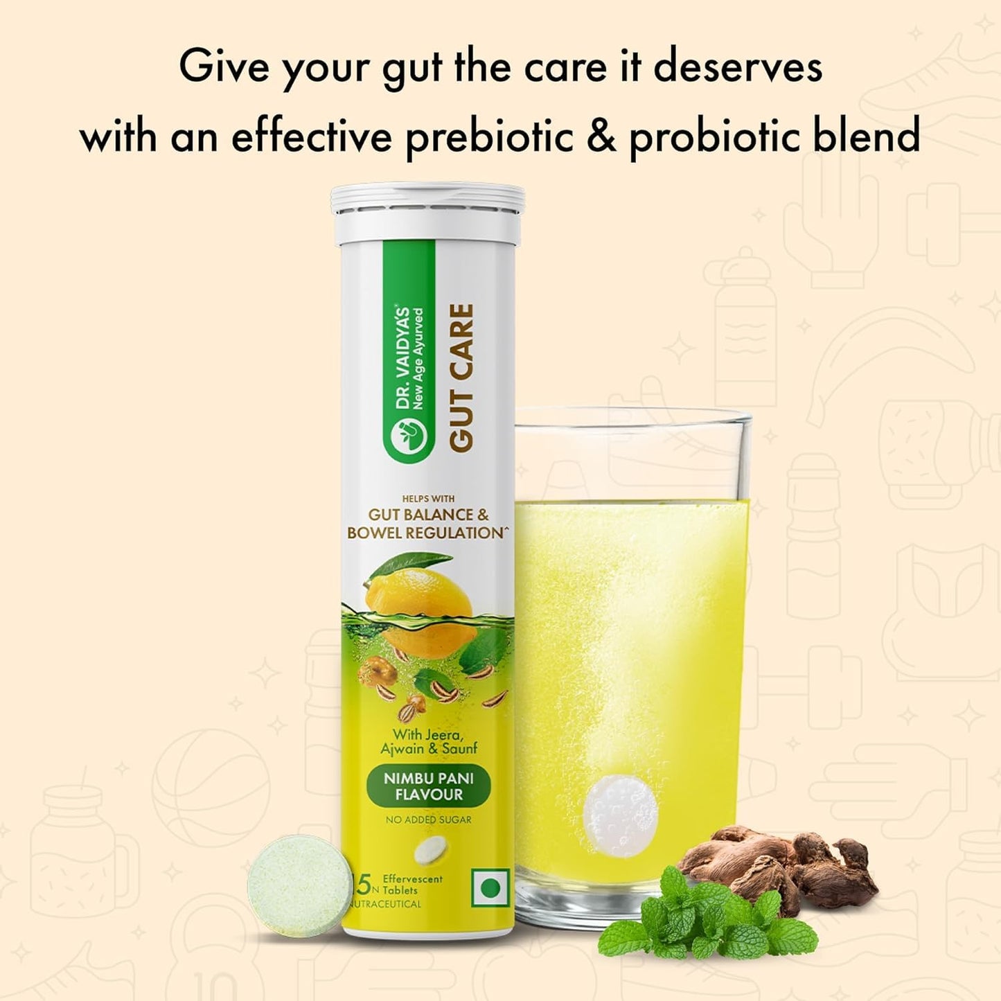 Dr. Vaidya’s Gut Care Effervescent Tablets | Helps reduce bloating & acidity, improves digestion, promotes gut health & regulates Bowel movement | Jeera, Ajwain, Saunf | Prebiotic & Probiotic Blend with healthy gut microbiome 15 Tablets