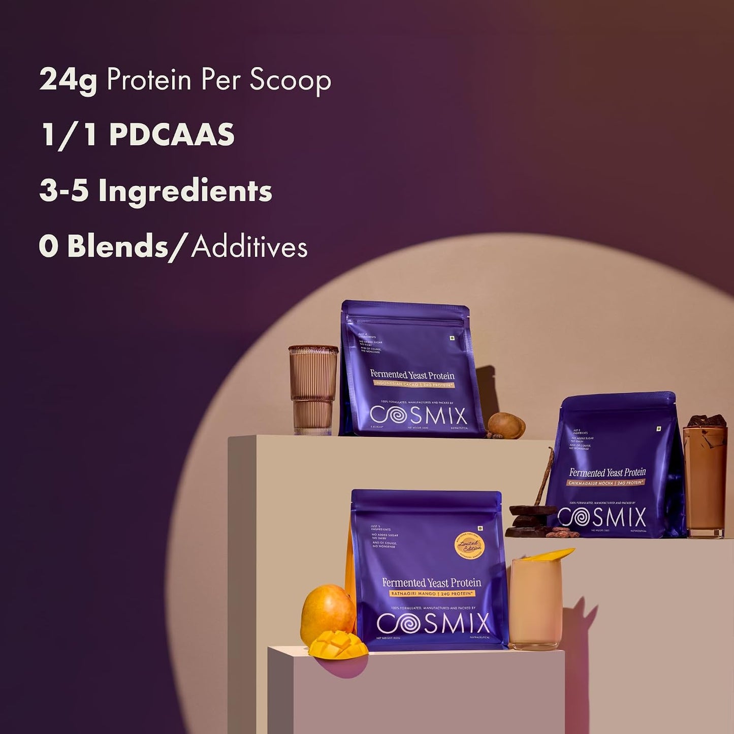 Cosmix Fermented Yeast Protein Powder | 24g Protein | Made with Real Mango | High Absorption with PDCAAS of 1 | No Dairy | Made In-House | Smooth, Tasty & Gut-Friendly | Ratnagiri Mango, 1Kg Pouch