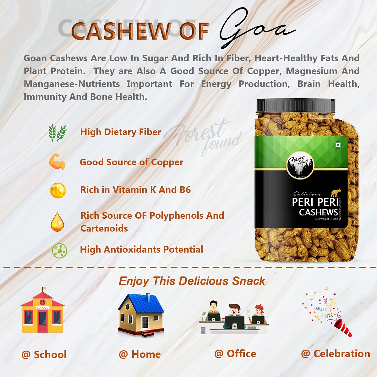 Forest Found Peri Peri Roasted Cashews 400g Spicy Oven Roasted Whole Kaju | 100% Oil-Free & Dry Healthy Crunchy Vegan Snack | Gluten-Free Non-Fried Peri Peri Cashew Nuts