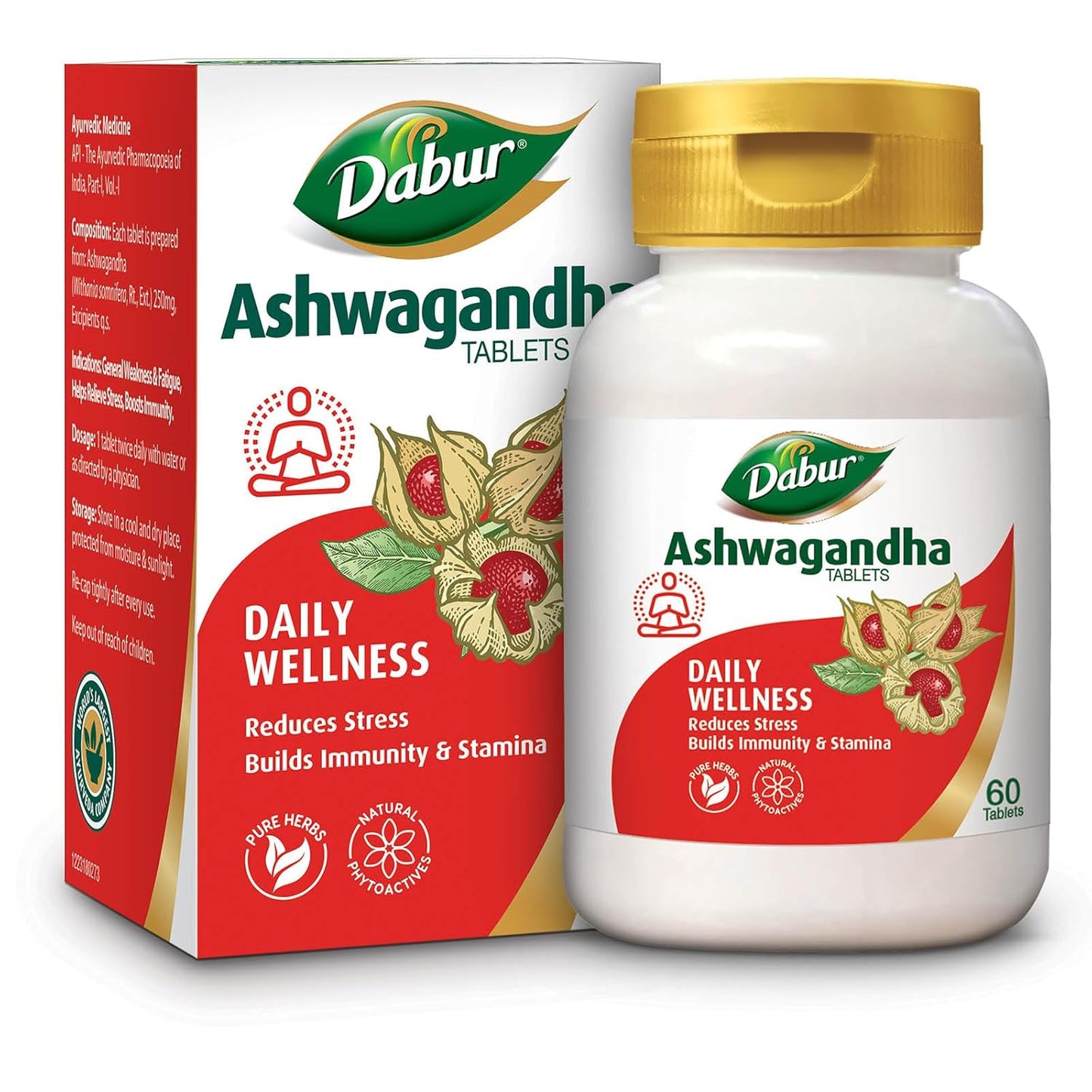 Dabur Ashwagandha tablets packaging on a white background
