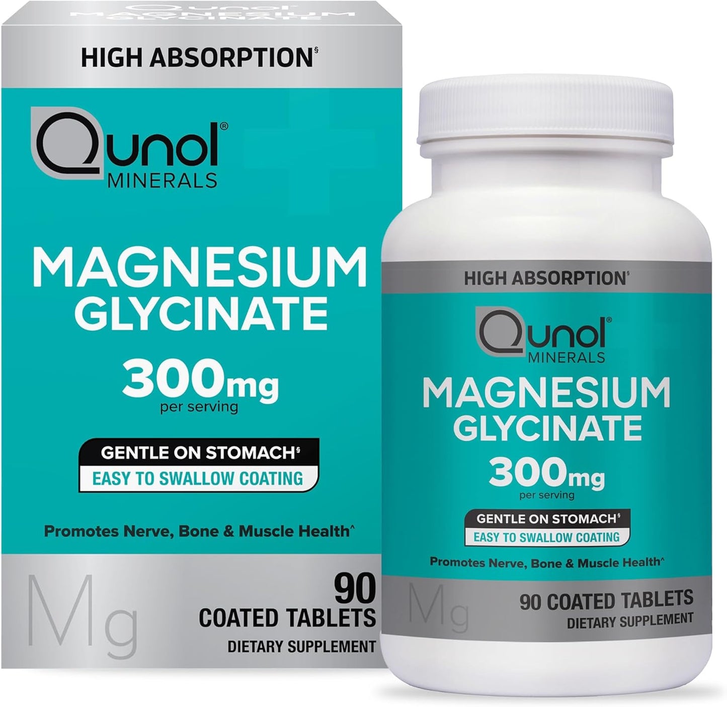 Qunol Magnesium Glycinate supplement bottle and packaging on a white background