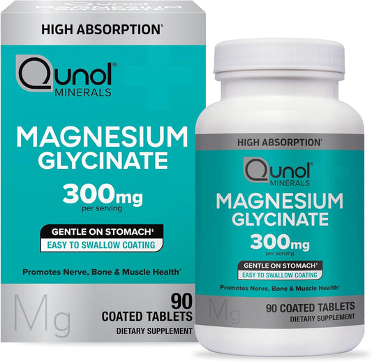 Qunol Magnesium Glycinate supplement bottle and packaging on a white background