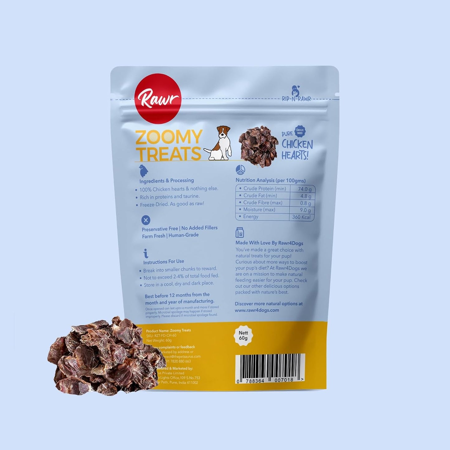 Rawr4dogs Chicken Hearts Zoomy Treats | Freeze-Dried | Rich in Taurine and Proteins | No Preservative | Also Use As Treat or Food Topper | 45 GMS | All Life Stages