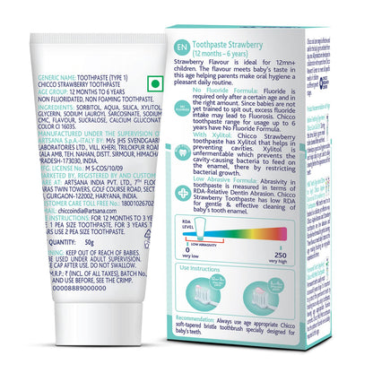 Chicco Toothpaste for Kids, Best for Baby (1y-6y), Strawberry Flavour, 50g | Fluoride-Free & Low Abrasive | Removes Plaque, Helps Prevent Cavities | IDA Accepted