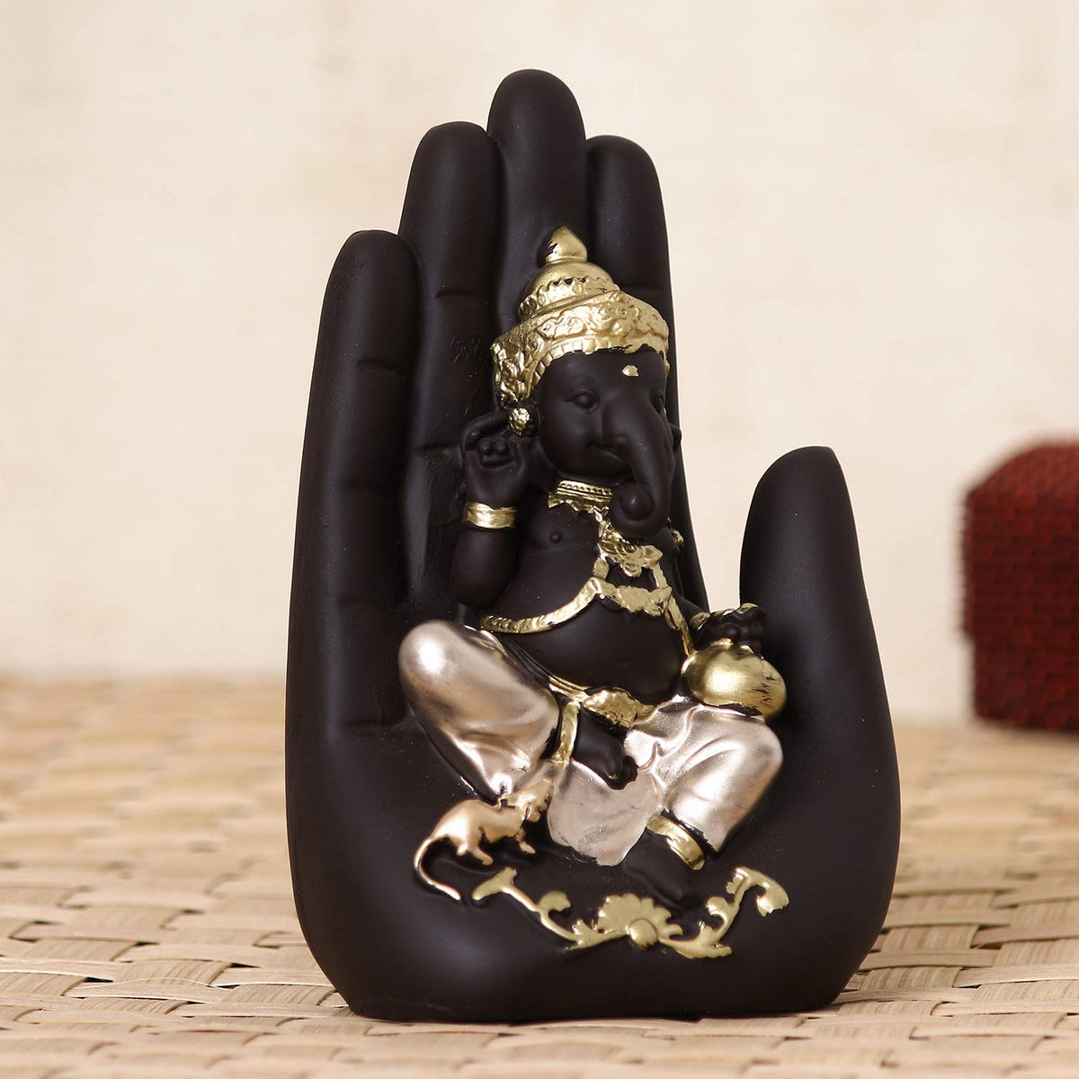eCraftIndia Golden Handcrafted Palm Ganesha Polyresin Showpiece (12.5 cm x 7.5 cm x 17.5 cm, Black)