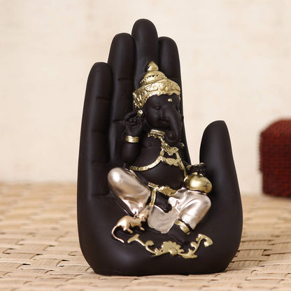 eCraftIndia Golden Handcrafted Palm Ganesha Polyresin Showpiece (12.5 cm x 7.5 cm x 17.5 cm, Black)