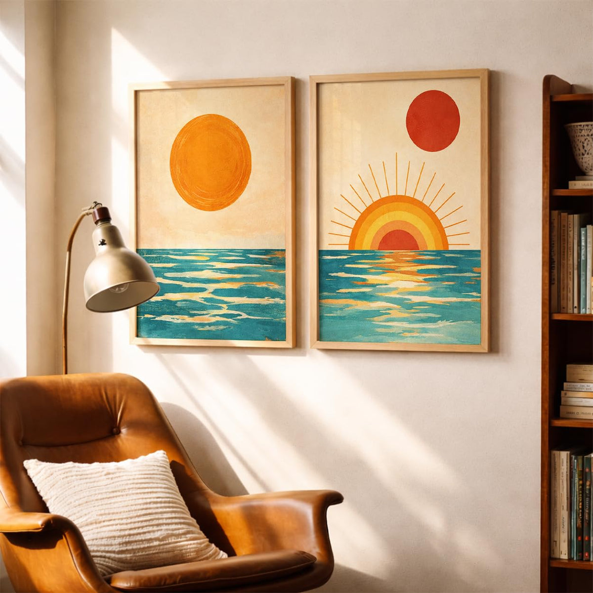 Set of 2 Sunset Ocean Framed Wall Painting for Living Room | Modern Abstract Sun Wall Art | Aesthetic Coastal Sea Wall Decor Frames for Bedroom, Hall & Office