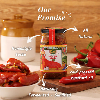 THE LITTLE FARM CO Banarasi Red Chilli Pickle - Lal Mirch ka Achar | Less Oil Mustard Base Homestyle Bharwa Lal Mirch Ka Achar with Spicy Flavour | No Added Preservatives, Artificial Colours & Flavours
