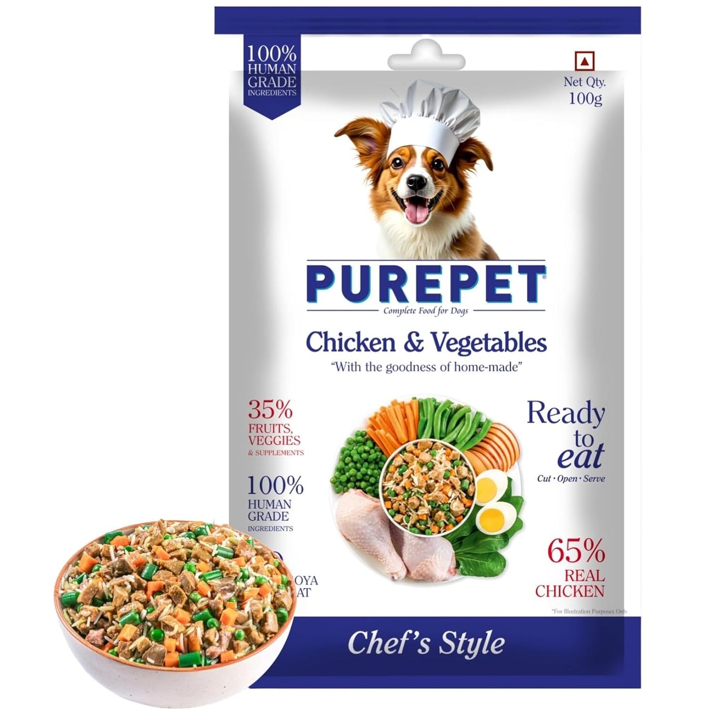 Purepet Fresh Dog Food Chicken & Vegetables, for Adult & Puppy, 100gm | High Protein, 65% Real Chicken, 35% Fruits & Veggies |No Preservatives | Ready to Serve | All Breeds | One Pack One Meal