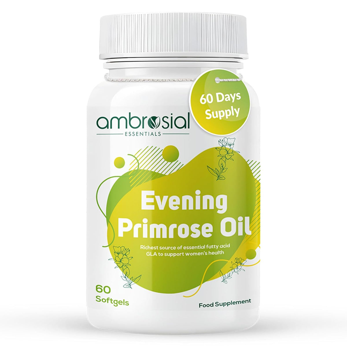 Ambrosial Essentials Evening Primrose Oil supplement bottle on a white background