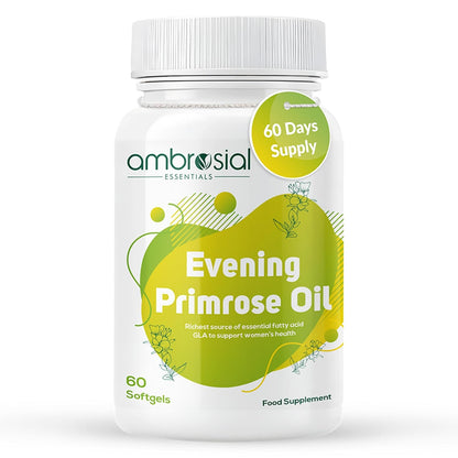 Ambrosial Essentials Evening Primrose Oil supplement bottle on a white background