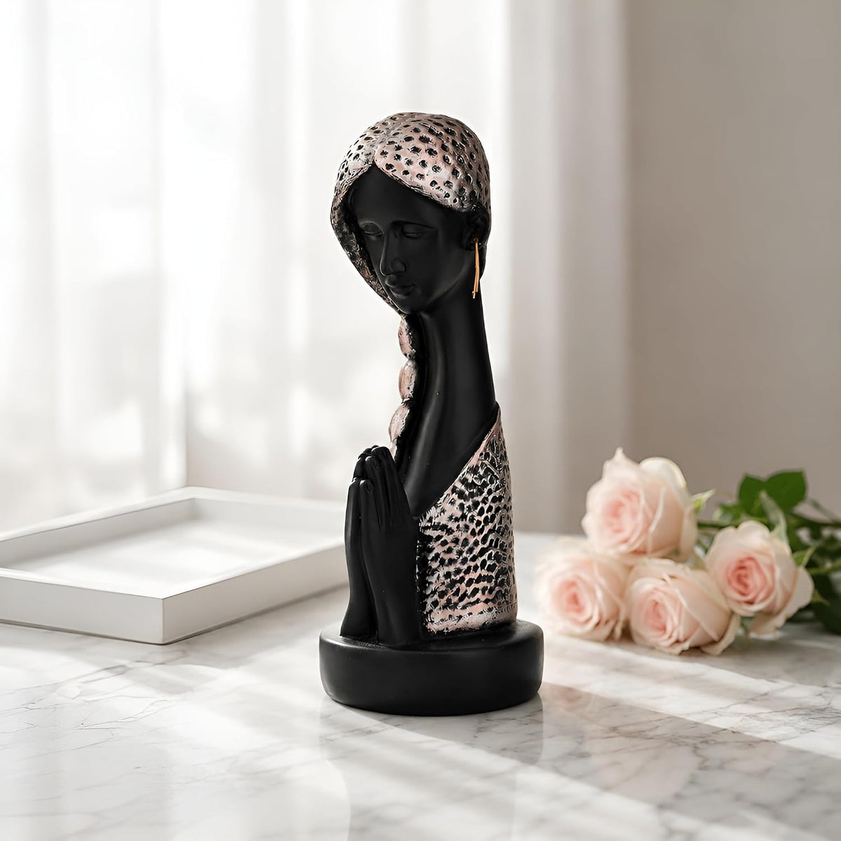 Graceful Resin Namaste Statue of a Girl |Elegant Spiritual Décor (Pack of 1, Black & Silver)