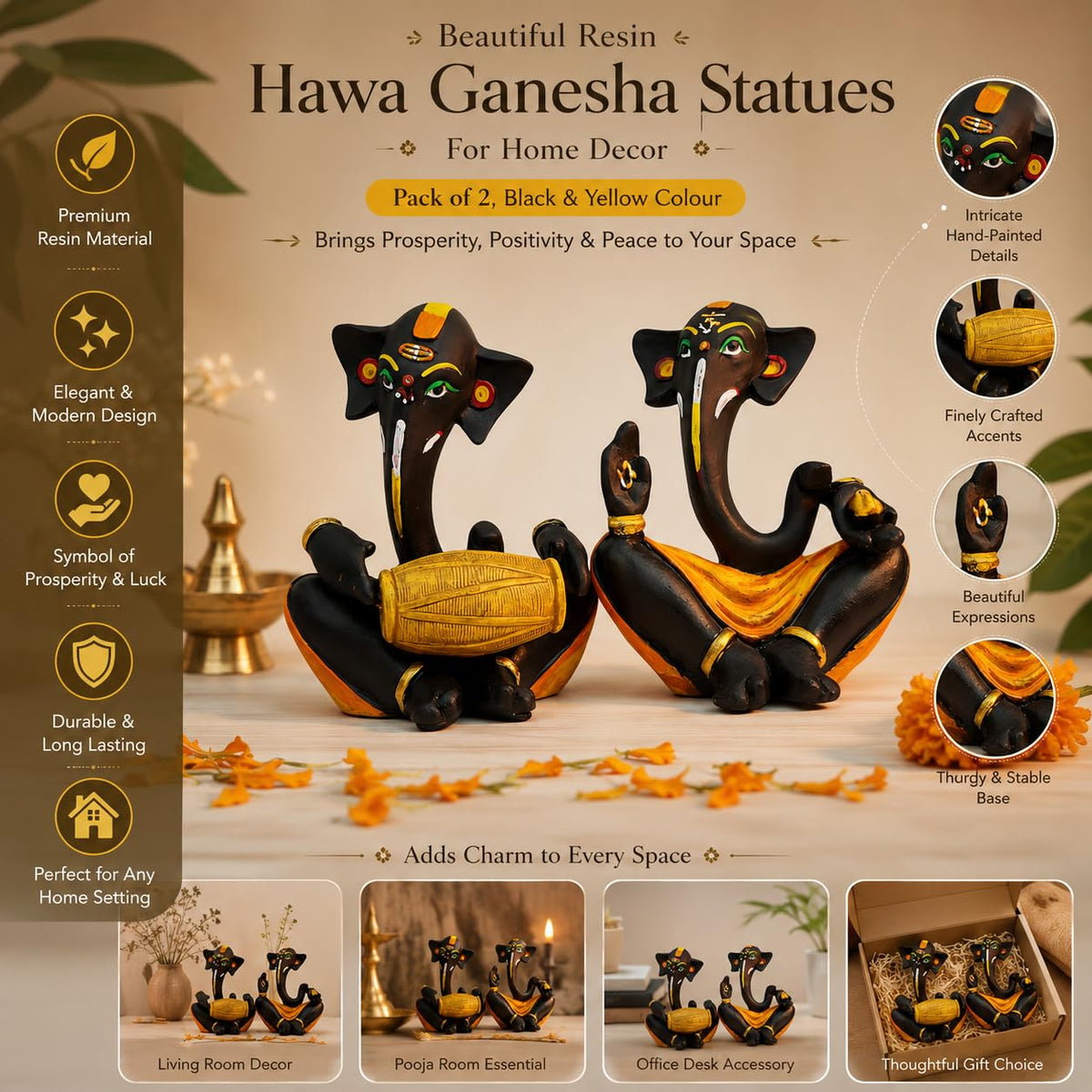 Beautiful Resin hawa Ganesha Statues for Home Decor (Pack of 2, Black & Yellow Colour)