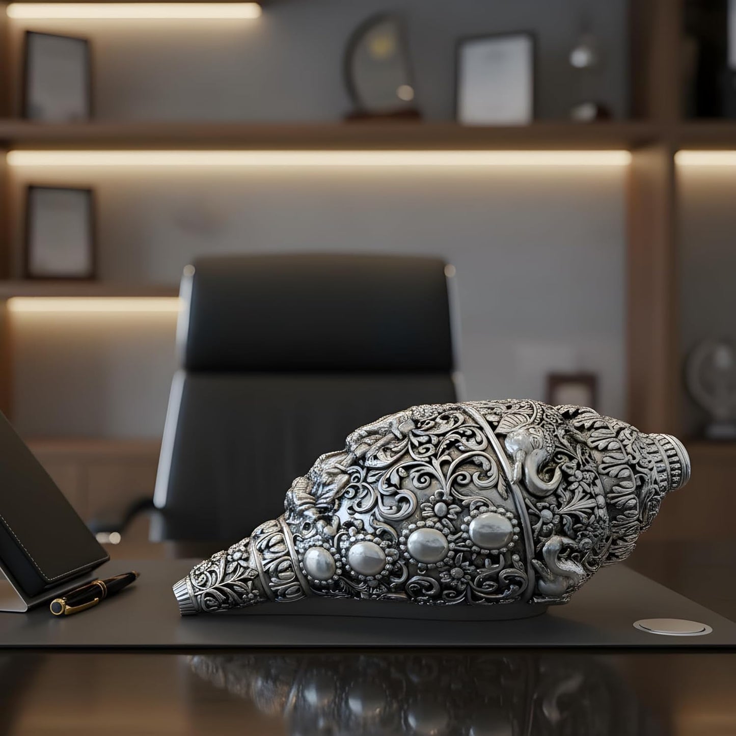 Dev Aastha Silver Plated Ganesh Shankh Idol 5.2 Inch | Lord Ganesha Conch Showpiece for Pooja Room, Home Decor & Office Desk | Vastu Gift Item for Housewarming