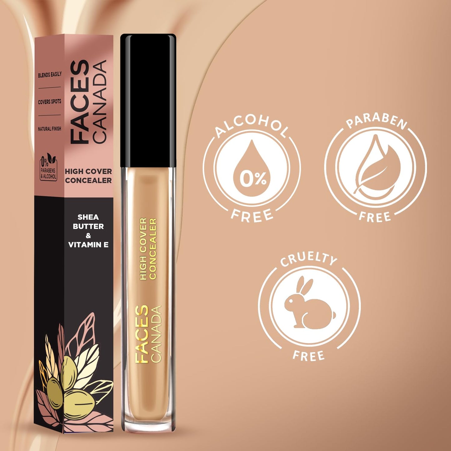 FACESCANADA High Cover Concealer - Sand Beige 01|High Coverage Liquid Concealer|Blends Easily|Natural Finish|Covers Spots, Dark Circles|With Shea Butter & Vitamin E For All Skin Type - 4 Ml