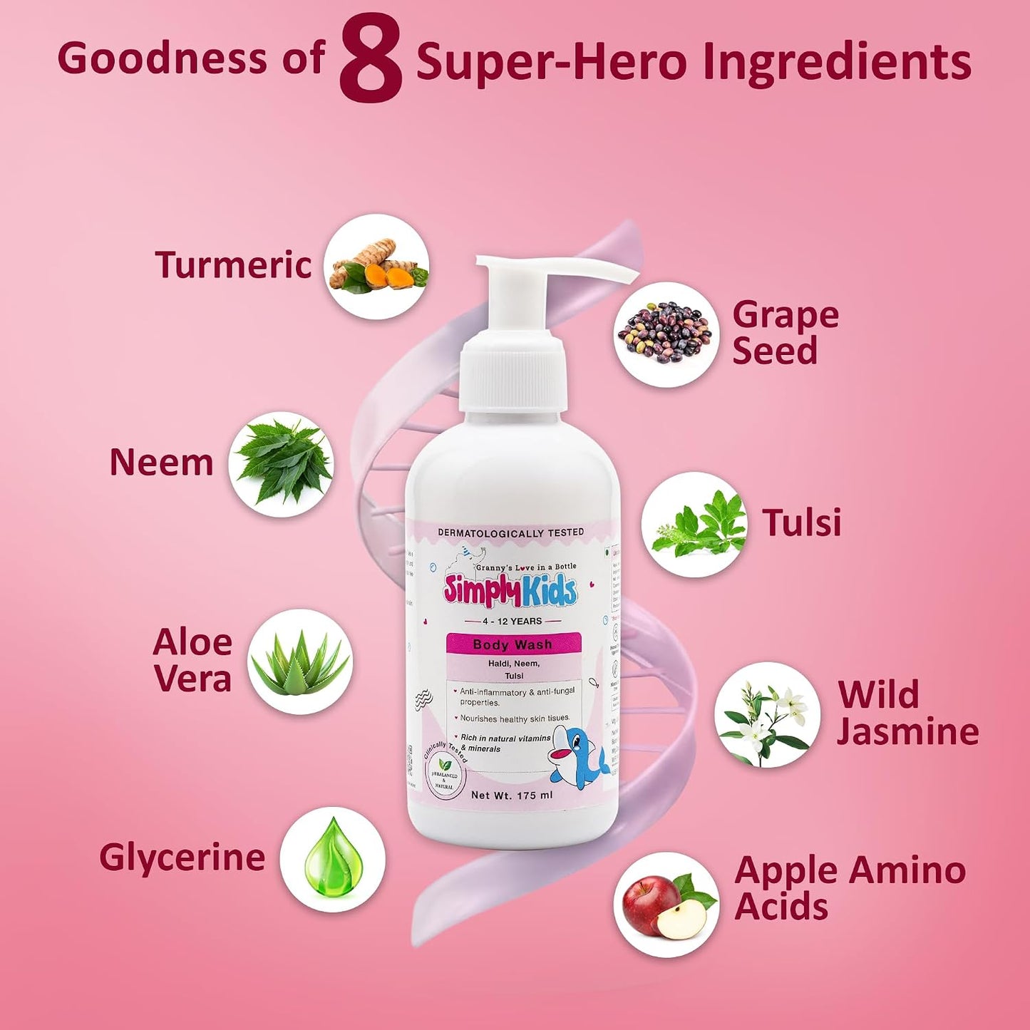 Simply Kids Body Wash for 4-12 Years | Aloe Vera, Grapeseed & Neem | Gentle, Hydrating & Nourishing | Soothes & Protects Skin | Hypoallergenic | Antibacterial & Antifungal | Dermatologically Tested | All Skin Types | 175ml