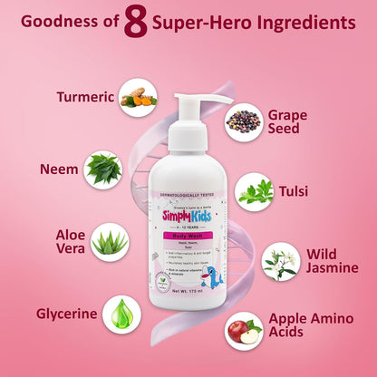 Simply Kids Body Wash for 4-12 Years | Aloe Vera, Grapeseed & Neem | Gentle, Hydrating & Nourishing | Soothes & Protects Skin | Hypoallergenic | Antibacterial & Antifungal | Dermatologically Tested | All Skin Types | 175ml