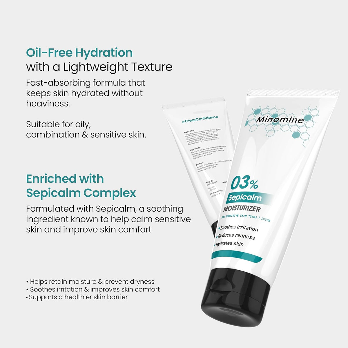 Minomine moisturizer tube with product details on a white background