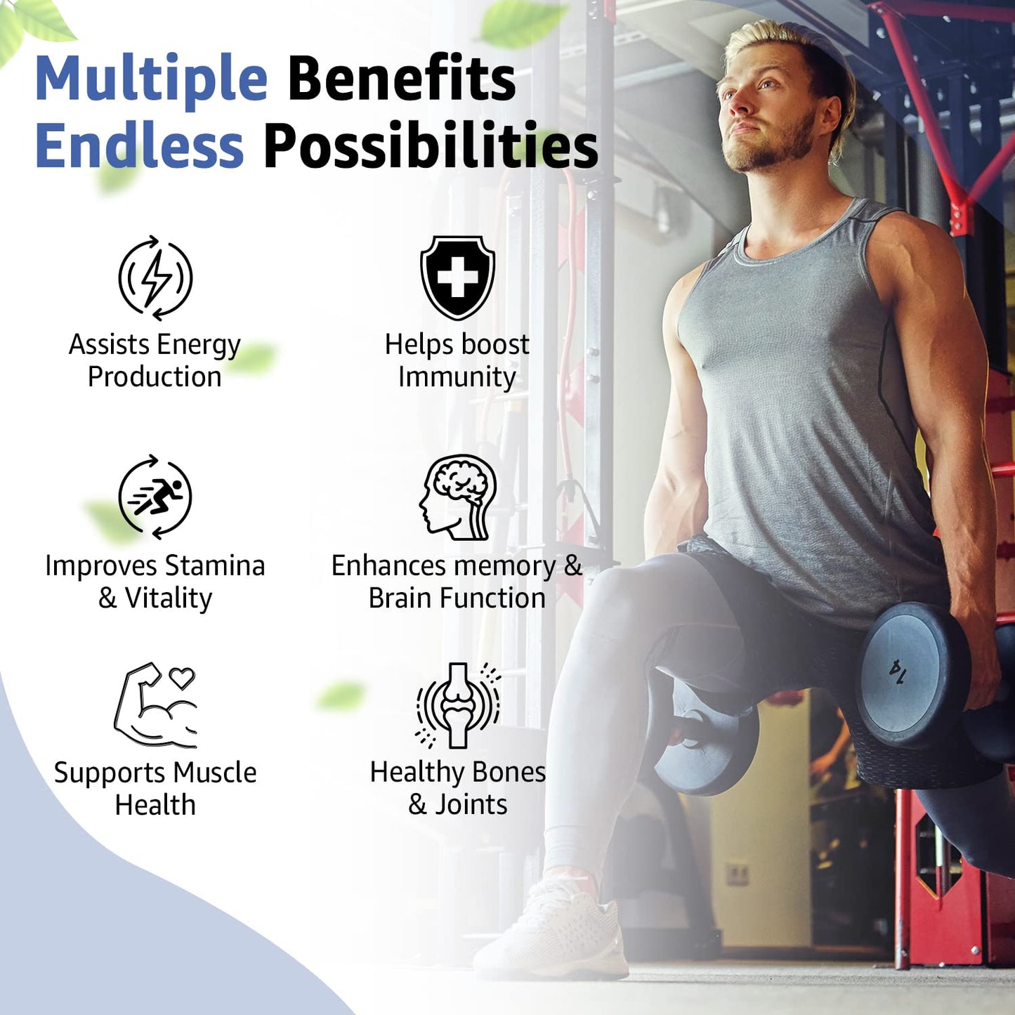 Man lifting weights with health benefits text and icons on a gym background