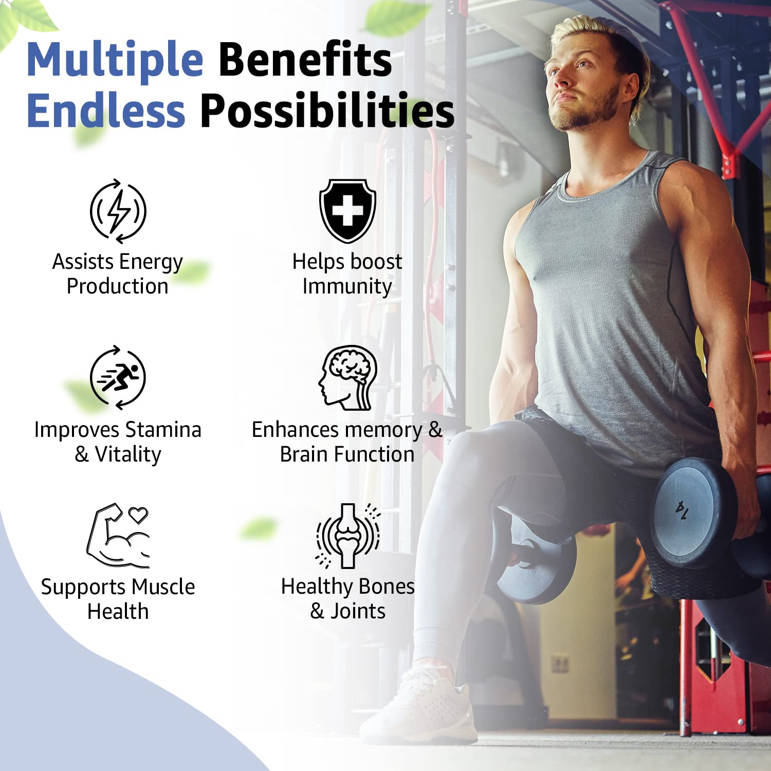 Man lifting weights with health benefits text and icons on a gym background