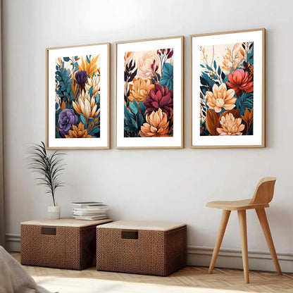 Floral Art Home Decoration Floral Paintings With Frame For Living Room Bed Room Hotel Wall Decor Digital Reprint Set of 3 (13x17 inch)