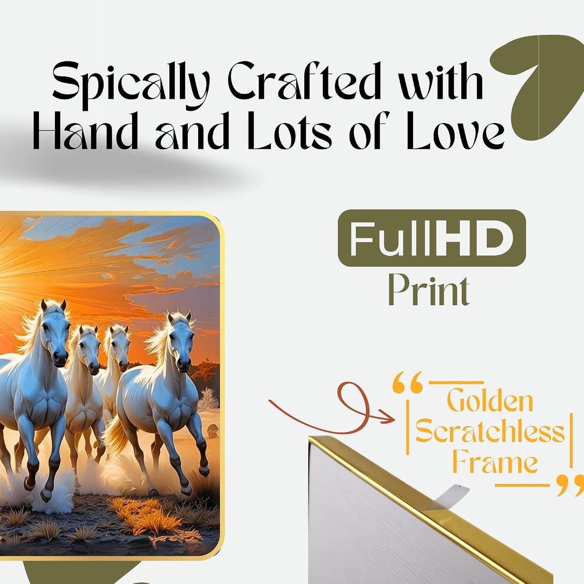 7 Running Horses MDF Wall Art 12x18 Inch | Golden Border Vastu Painting for Home & Office Décor | Modern Elegant Wall Hanging Frame for Living Room, Bedroom (Design 3)