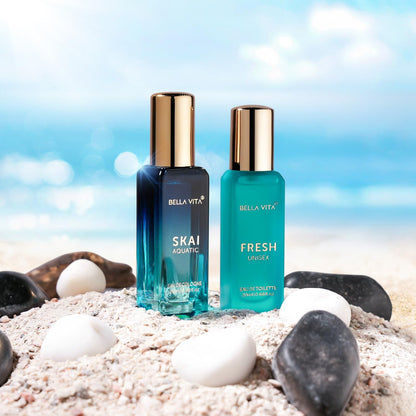 Two Bella Vita perfume bottles on a beach with a blue sky background