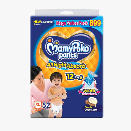 Mamypoko pants All Night AbsorbPant Style Baby Diapers Size(XL), 52 Count, Ideal for 12-17Kgs|+50% wider and repeated absorption for all night 12hr protection from leakage, prevents heaviness.