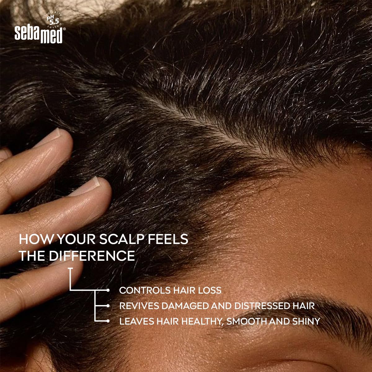 Close-up of a person's scalp with text highlighting Sebamed product benefits