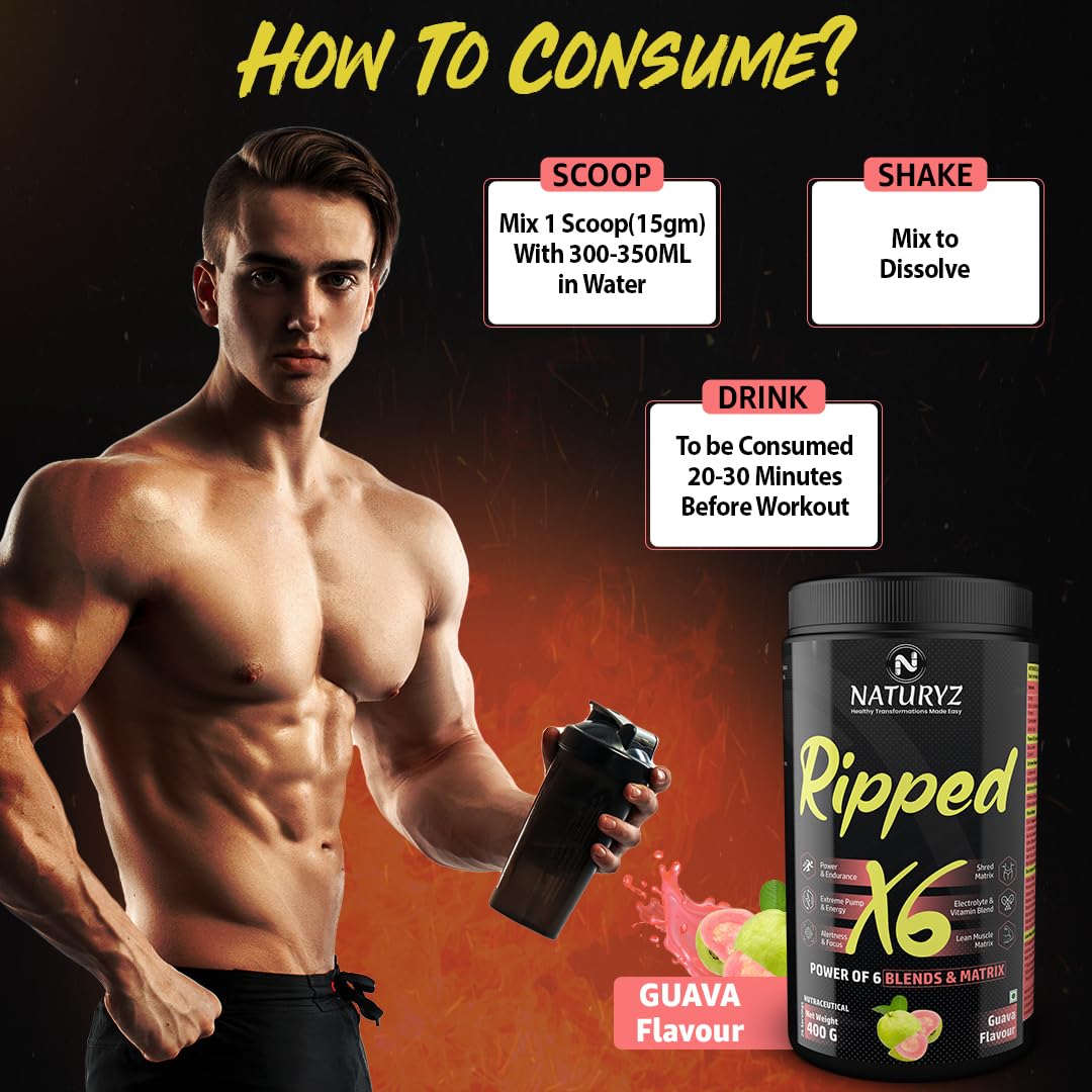 Man holding a protein shake with Naturyz Ripped X6 supplement container, instructions on consumption.