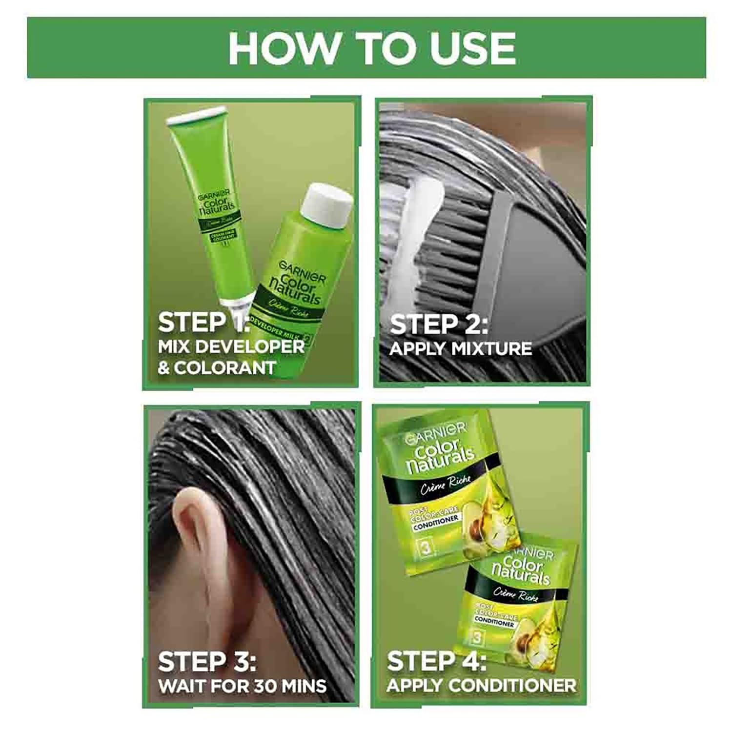 Step-by-step guide on how to use Garnier Color Naturals hair color product.