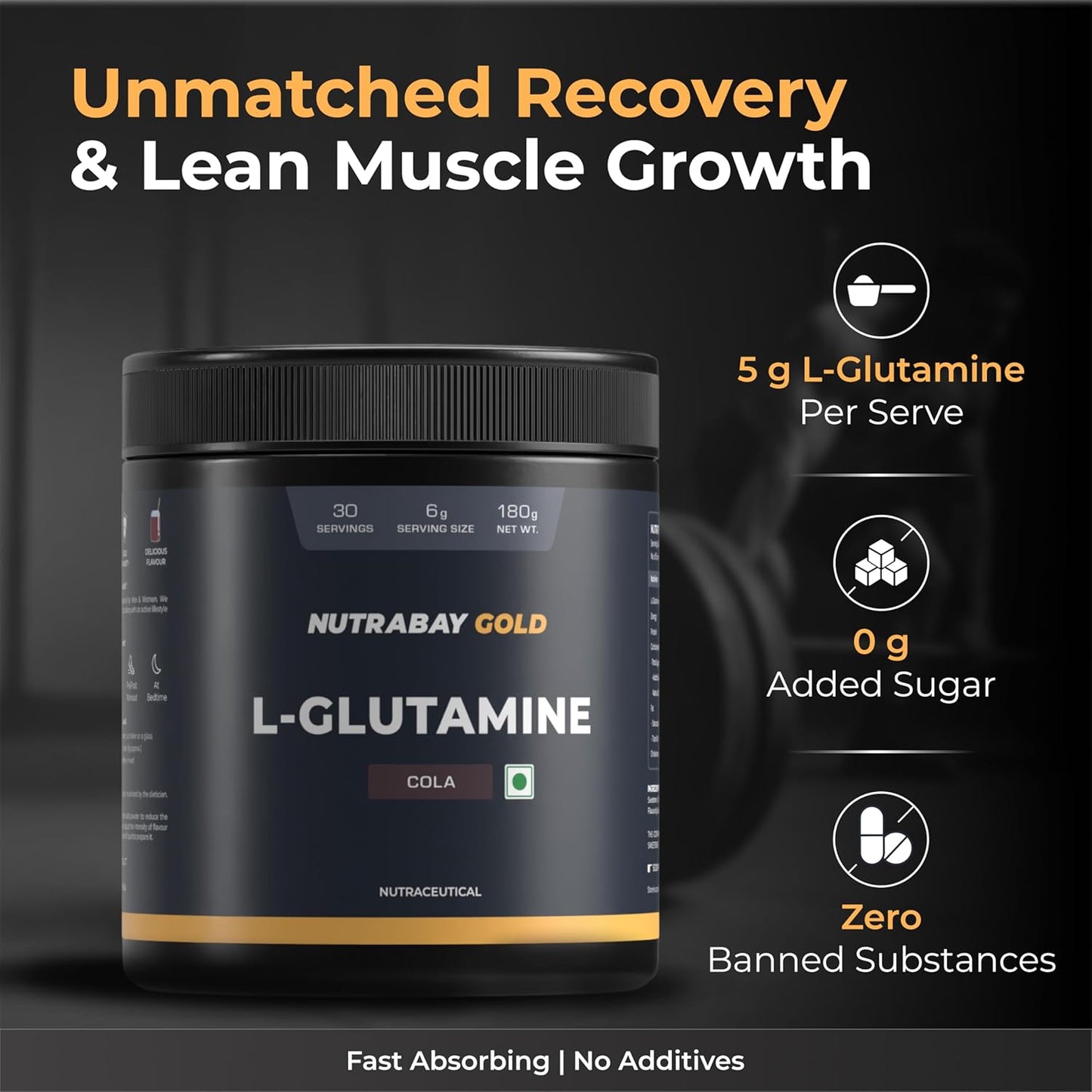Nutrabay Gold L-Glutamine supplement container with promotional text on a dark background