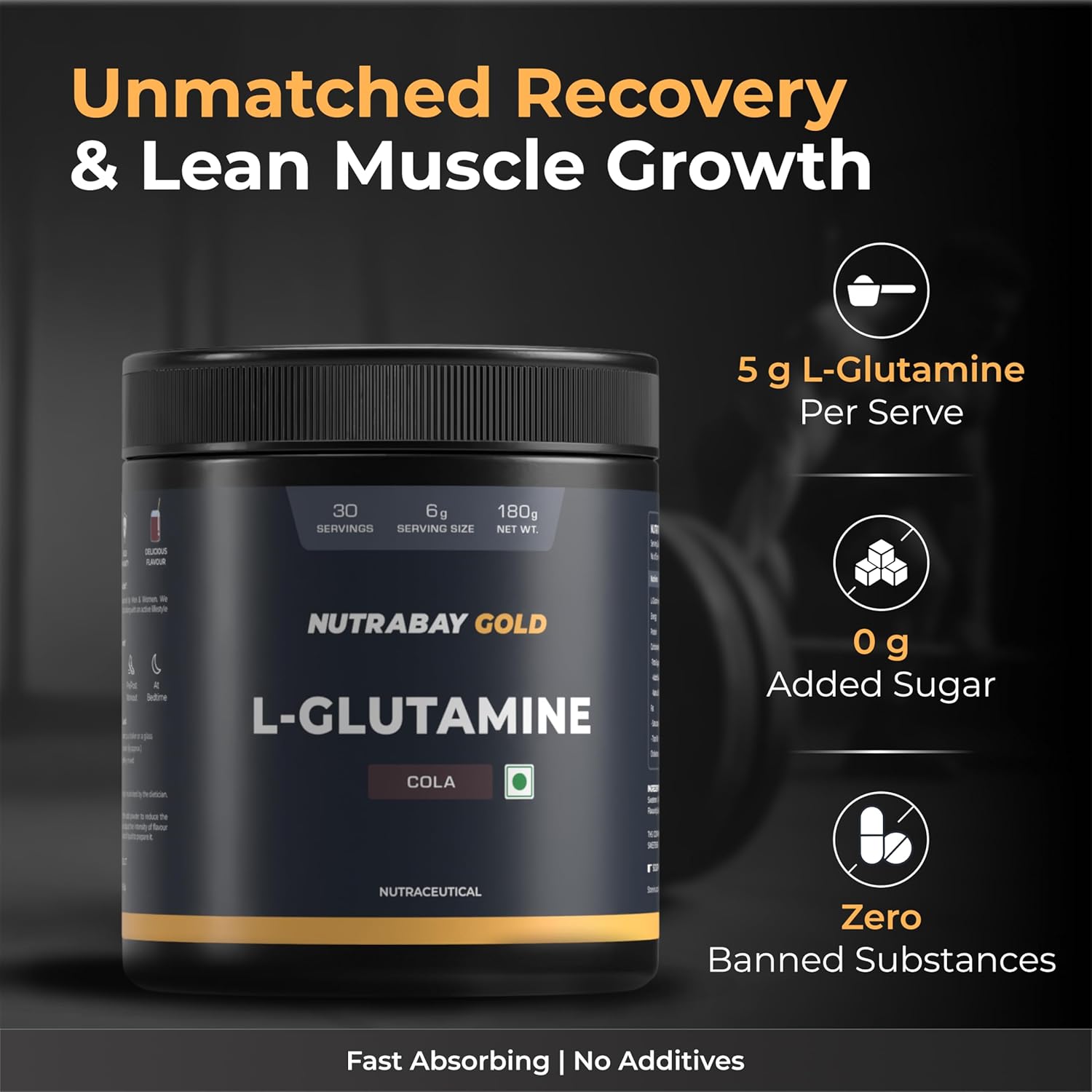 Nutrabay Gold L-Glutamine supplement container with promotional text on a dark background
